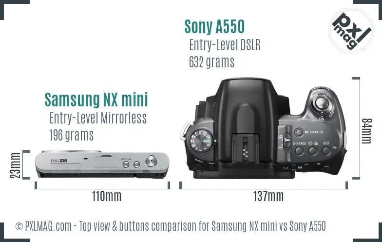 Samsung NX mini vs Sony A550 top view buttons comparison