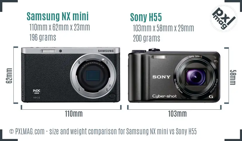 Samsung NX mini vs Sony H55 size comparison