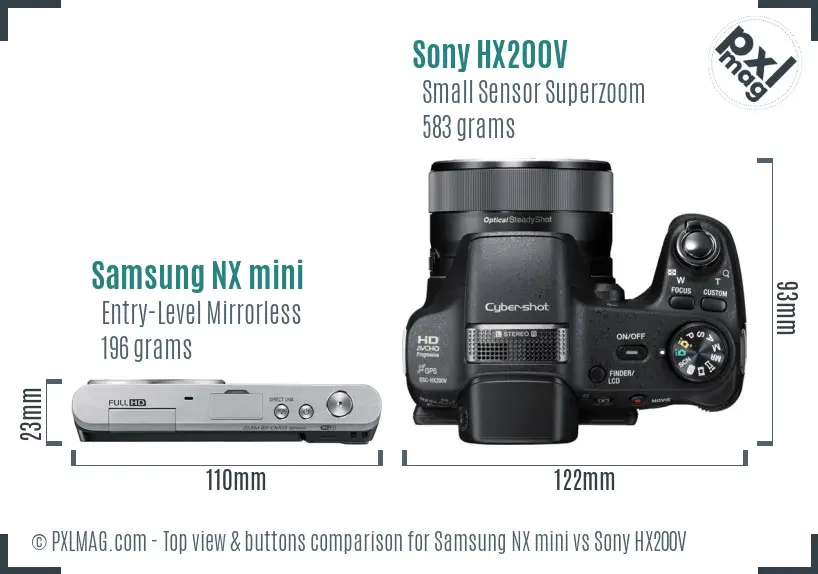 Samsung NX mini vs Sony HX200V top view buttons comparison