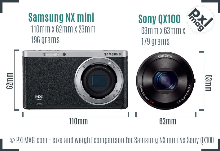 Samsung NX mini vs Sony QX100 size comparison