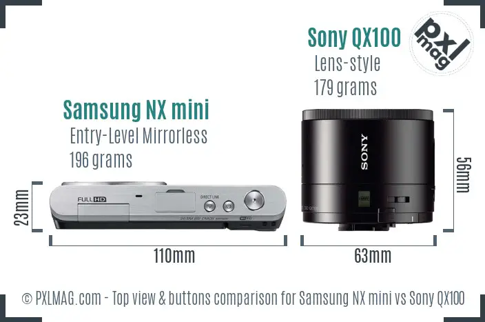 Samsung NX mini vs Sony QX100 top view buttons comparison