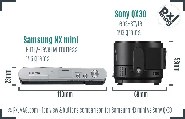 Samsung NX mini vs Sony QX30 top view buttons comparison