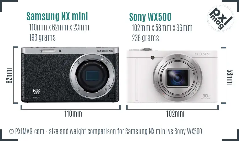 Samsung NX mini vs Sony WX500 size comparison