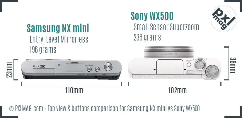 Samsung NX mini vs Sony WX500 top view buttons comparison