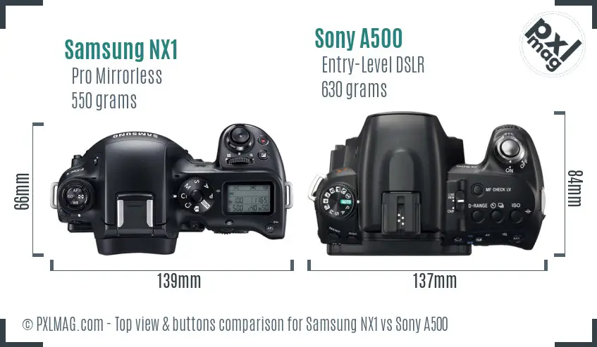Samsung NX1 vs Sony A500 top view buttons comparison