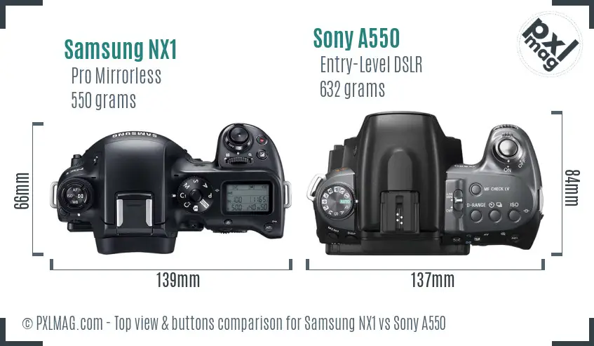 Samsung NX1 vs Sony A550 top view buttons comparison