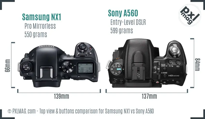 Samsung NX1 vs Sony A560 top view buttons comparison