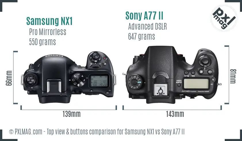 Samsung NX1 vs Sony A77 II top view buttons comparison