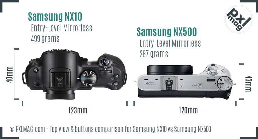 Samsung NX10 vs Samsung NX500 top view buttons comparison