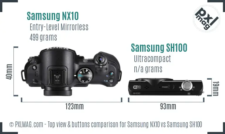 Samsung NX10 vs Samsung SH100 top view buttons comparison