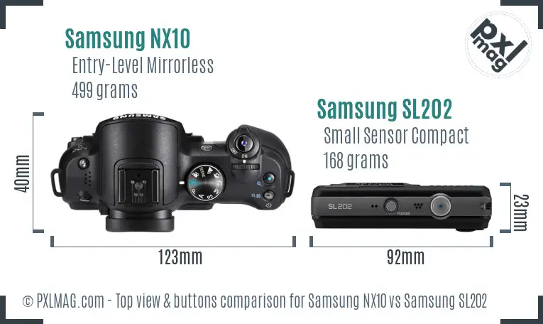 Samsung NX10 vs Samsung SL202 top view buttons comparison
