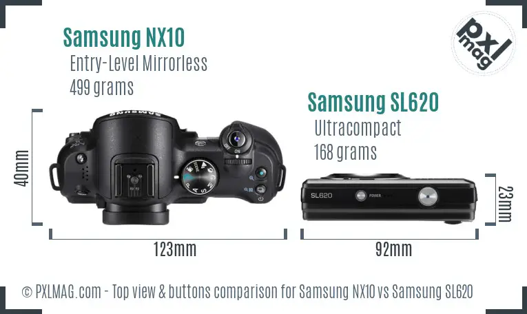 Samsung NX10 vs Samsung SL620 top view buttons comparison