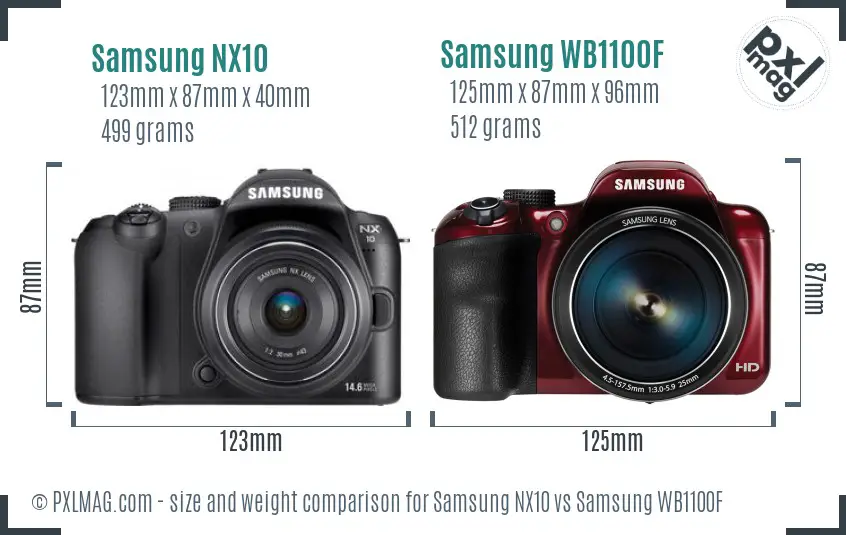 Samsung NX10 vs Samsung WB1100F size comparison