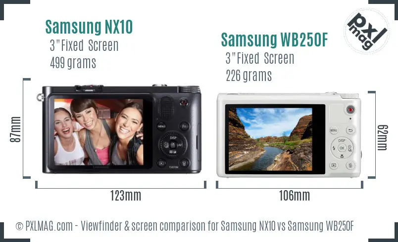 Samsung NX10 vs Samsung WB250F Screen and Viewfinder comparison