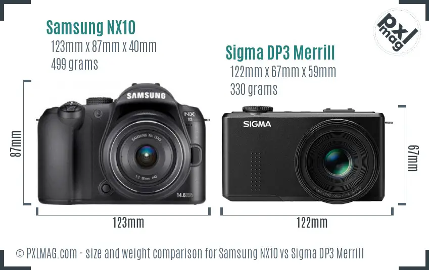 Samsung NX10 vs Sigma DP3 Merrill size comparison