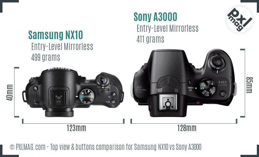 Samsung NX10 vs Sony A3000 top view buttons comparison