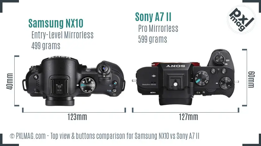 Samsung NX10 vs Sony A7 II top view buttons comparison