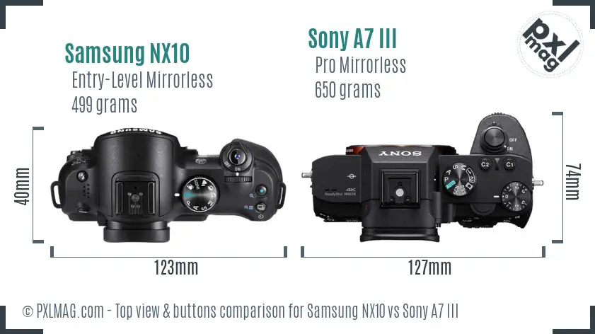 Samsung NX10 vs Sony A7 III top view buttons comparison