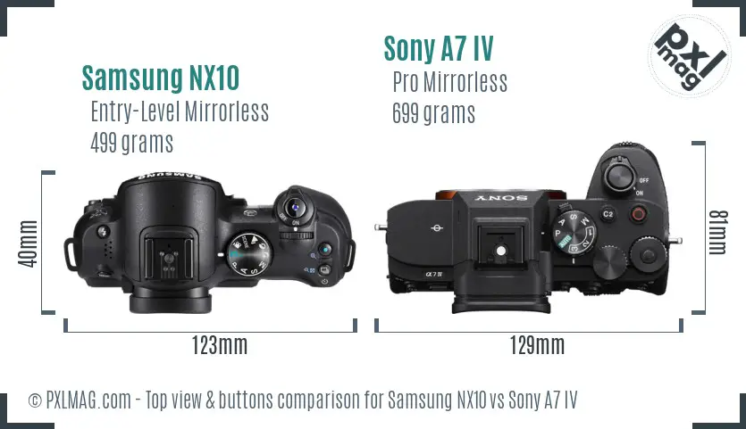 Samsung NX10 vs Sony A7 IV top view buttons comparison