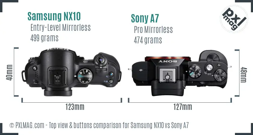 Samsung NX10 vs Sony A7 top view buttons comparison