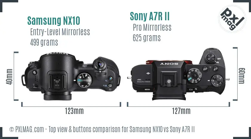 Samsung NX10 vs Sony A7R II top view buttons comparison
