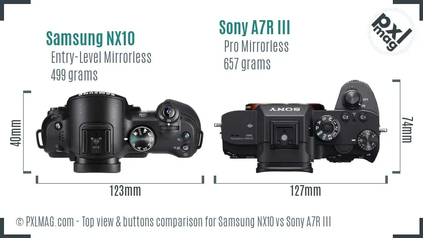 Samsung NX10 vs Sony A7R III top view buttons comparison