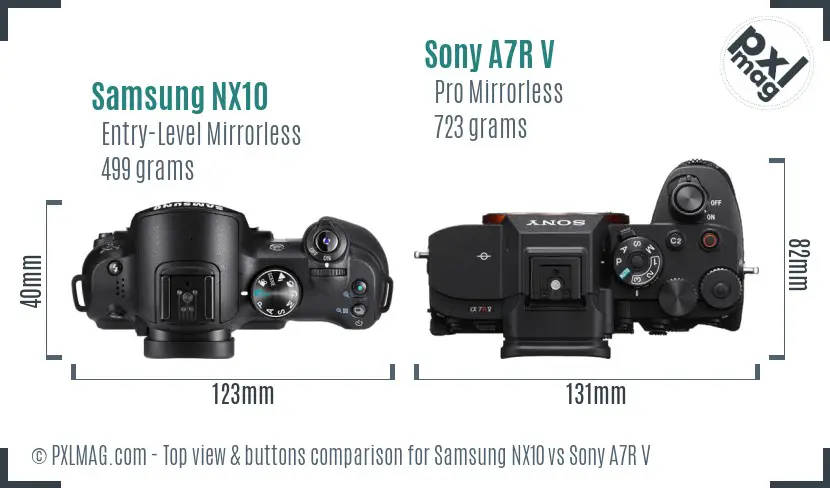 Samsung NX10 vs Sony A7R V top view buttons comparison