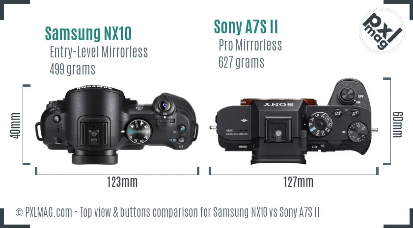 Samsung NX10 vs Sony A7S II top view buttons comparison