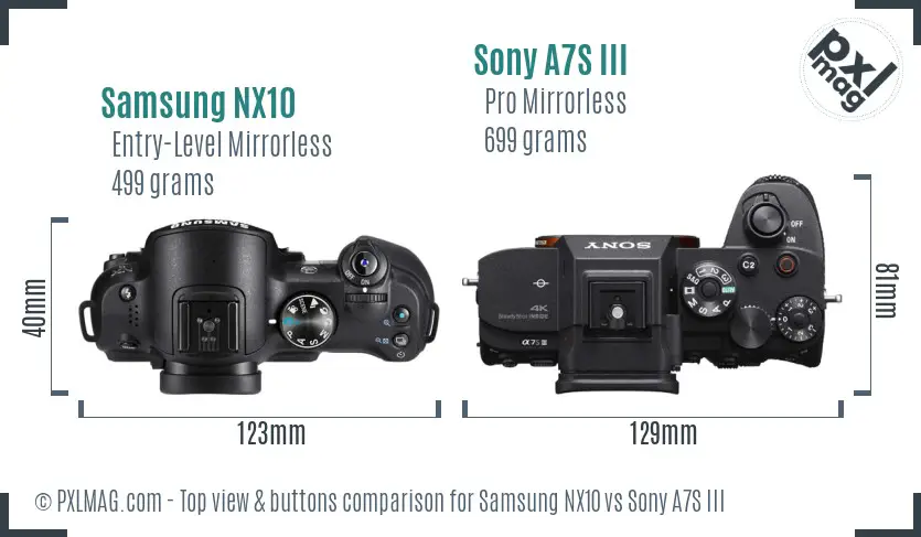 Samsung NX10 vs Sony A7S III top view buttons comparison