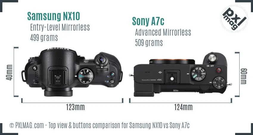 Samsung NX10 vs Sony A7c top view buttons comparison