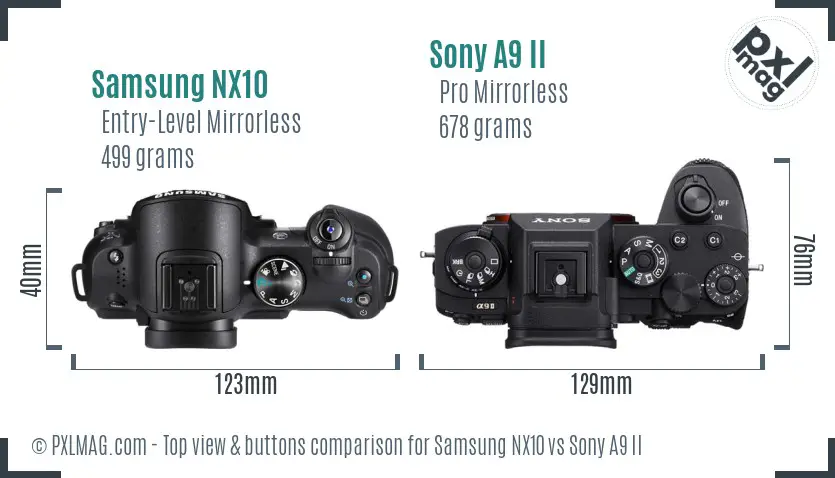Samsung NX10 vs Sony A9 II top view buttons comparison