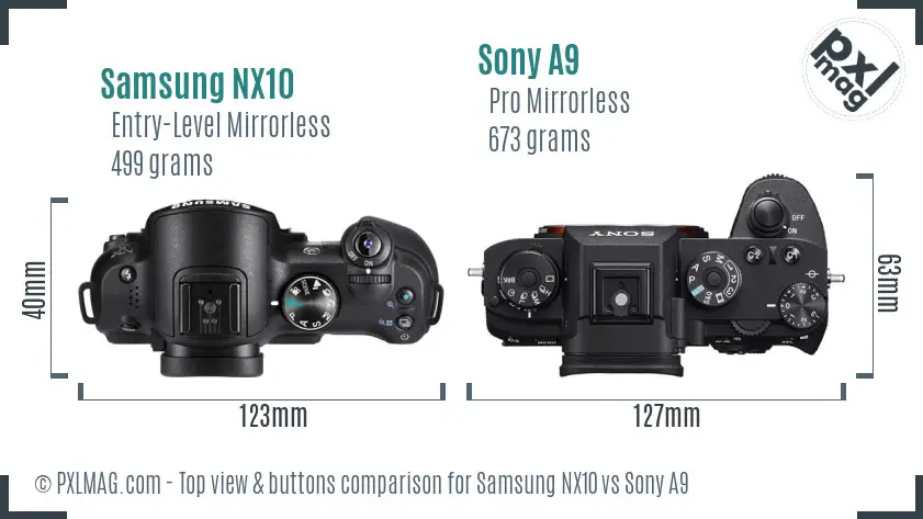 Samsung NX10 vs Sony A9 top view buttons comparison