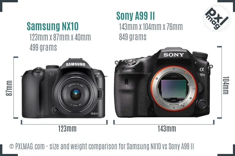 Samsung NX10 vs Sony A99 II size comparison