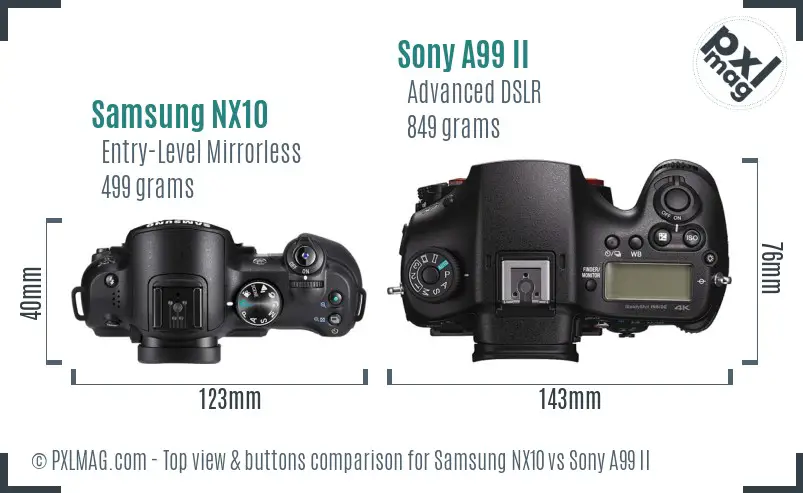 Samsung NX10 vs Sony A99 II top view buttons comparison