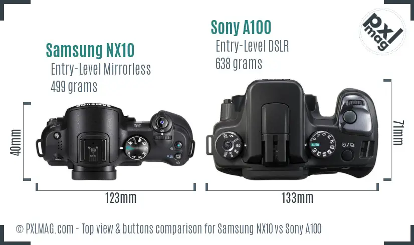 Samsung NX10 vs Sony A100 top view buttons comparison