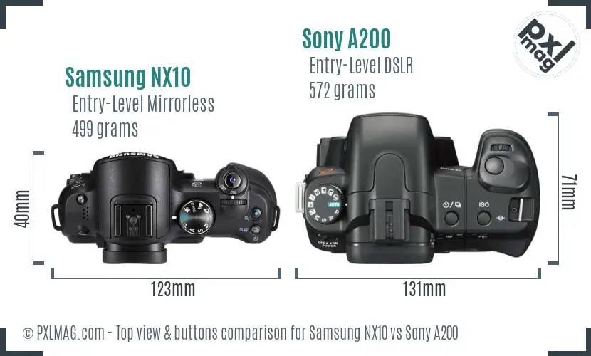 Samsung NX10 vs Sony A200 top view buttons comparison