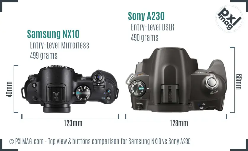 Samsung NX10 vs Sony A230 top view buttons comparison