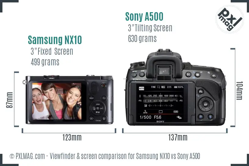 Samsung NX10 vs Sony A500 Screen and Viewfinder comparison