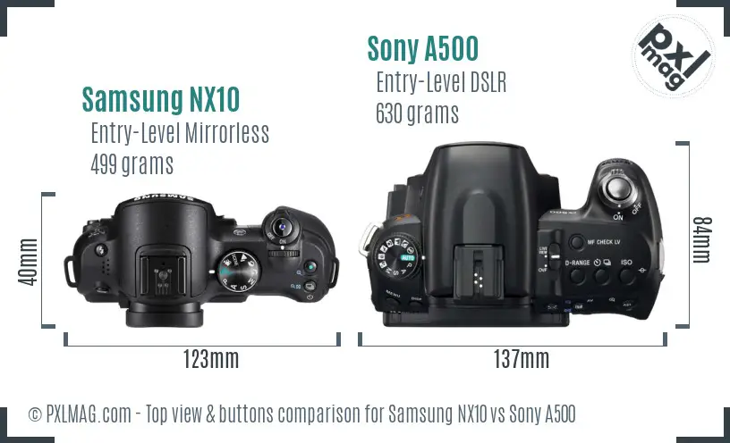 Samsung NX10 vs Sony A500 top view buttons comparison