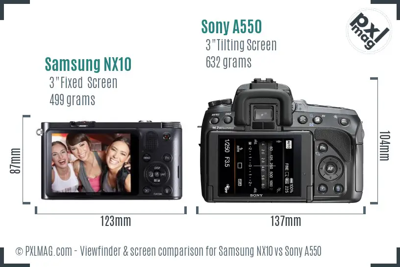 Samsung NX10 vs Sony A550 Screen and Viewfinder comparison