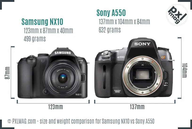 Samsung NX10 vs Sony A550 size comparison