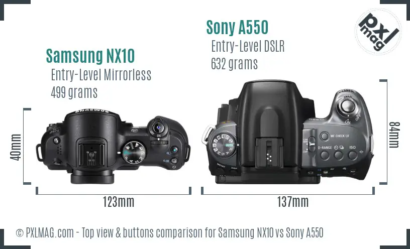 Samsung NX10 vs Sony A550 top view buttons comparison