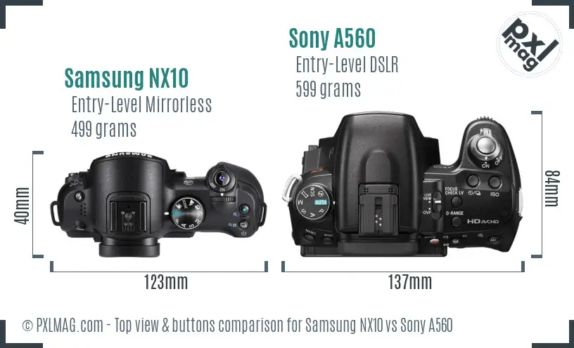 Samsung NX10 vs Sony A560 top view buttons comparison