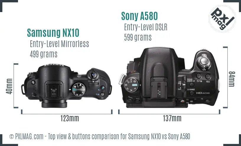 Samsung NX10 vs Sony A580 top view buttons comparison