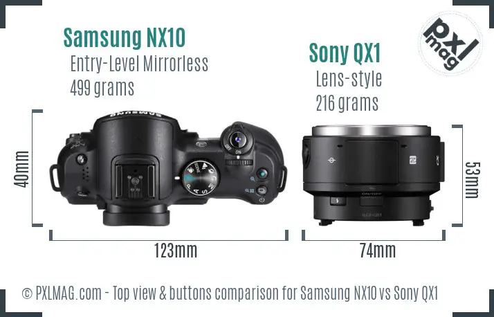 Samsung NX10 vs Sony QX1 top view buttons comparison