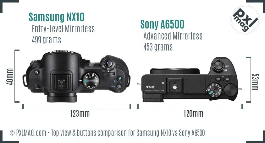 Samsung NX10 vs Sony A6500 top view buttons comparison