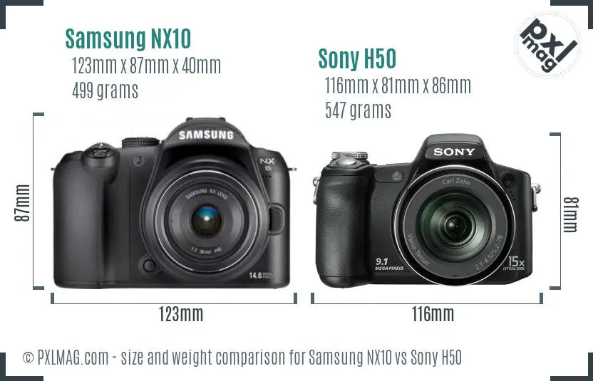 Samsung NX10 vs Sony H50 size comparison