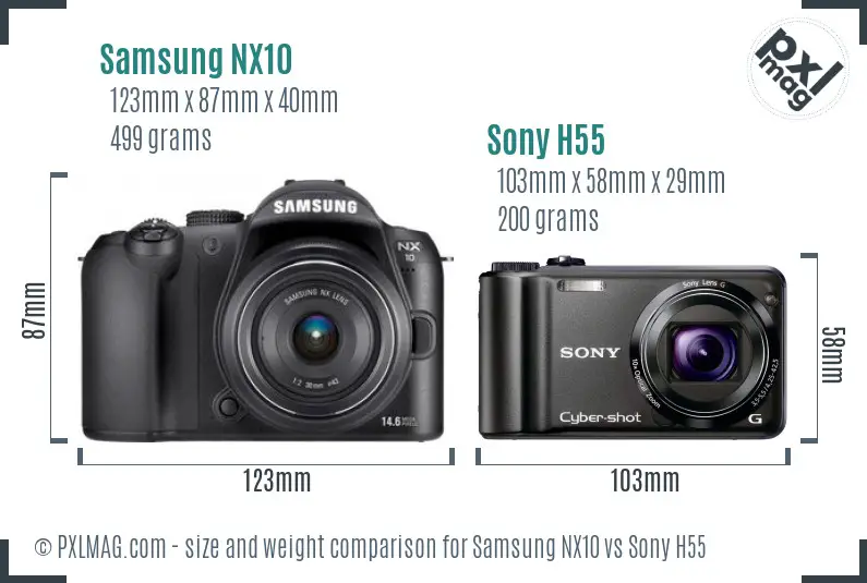 Samsung NX10 vs Sony H55 size comparison