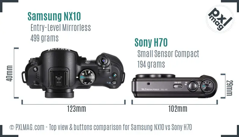 Samsung NX10 vs Sony H70 top view buttons comparison Samsung NX10 vs Sony H70 top view buttons comparison