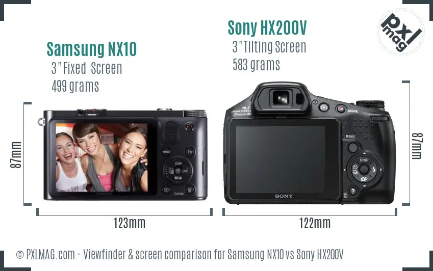 Samsung NX10 vs Sony HX200V Screen and Viewfinder comparison